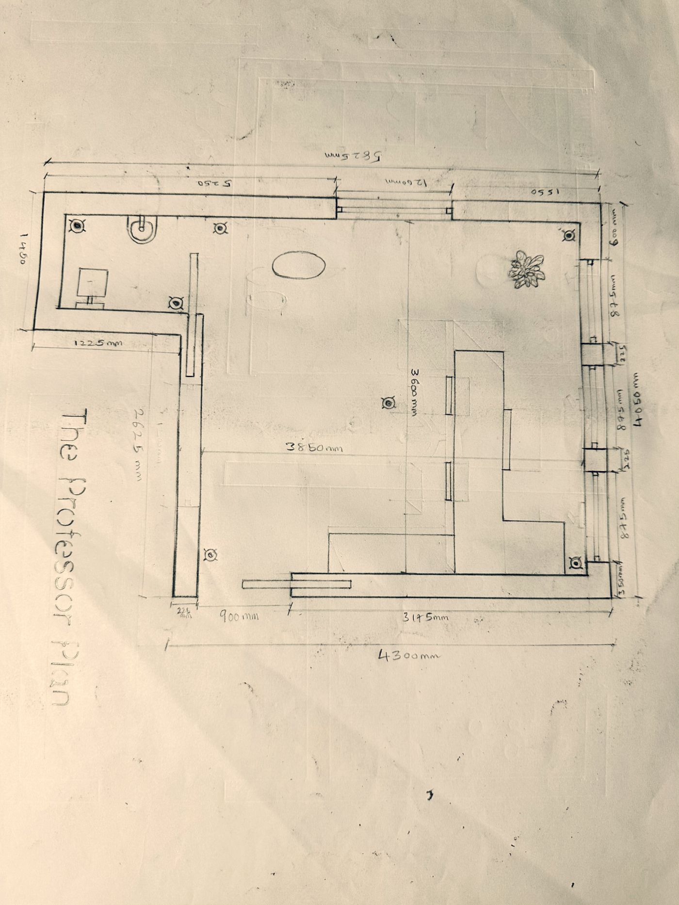 Hand-drawn dimensioned floor plan of the professor's office