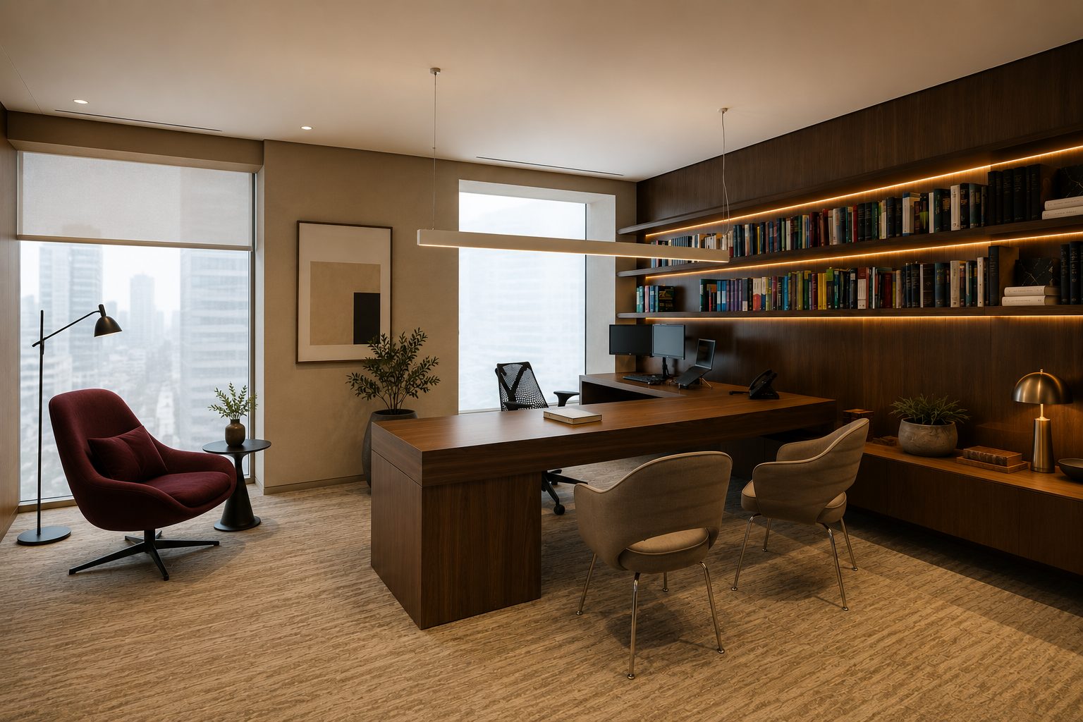 Rendered view of the executive office, walnut desk and lit bookshelf wall
