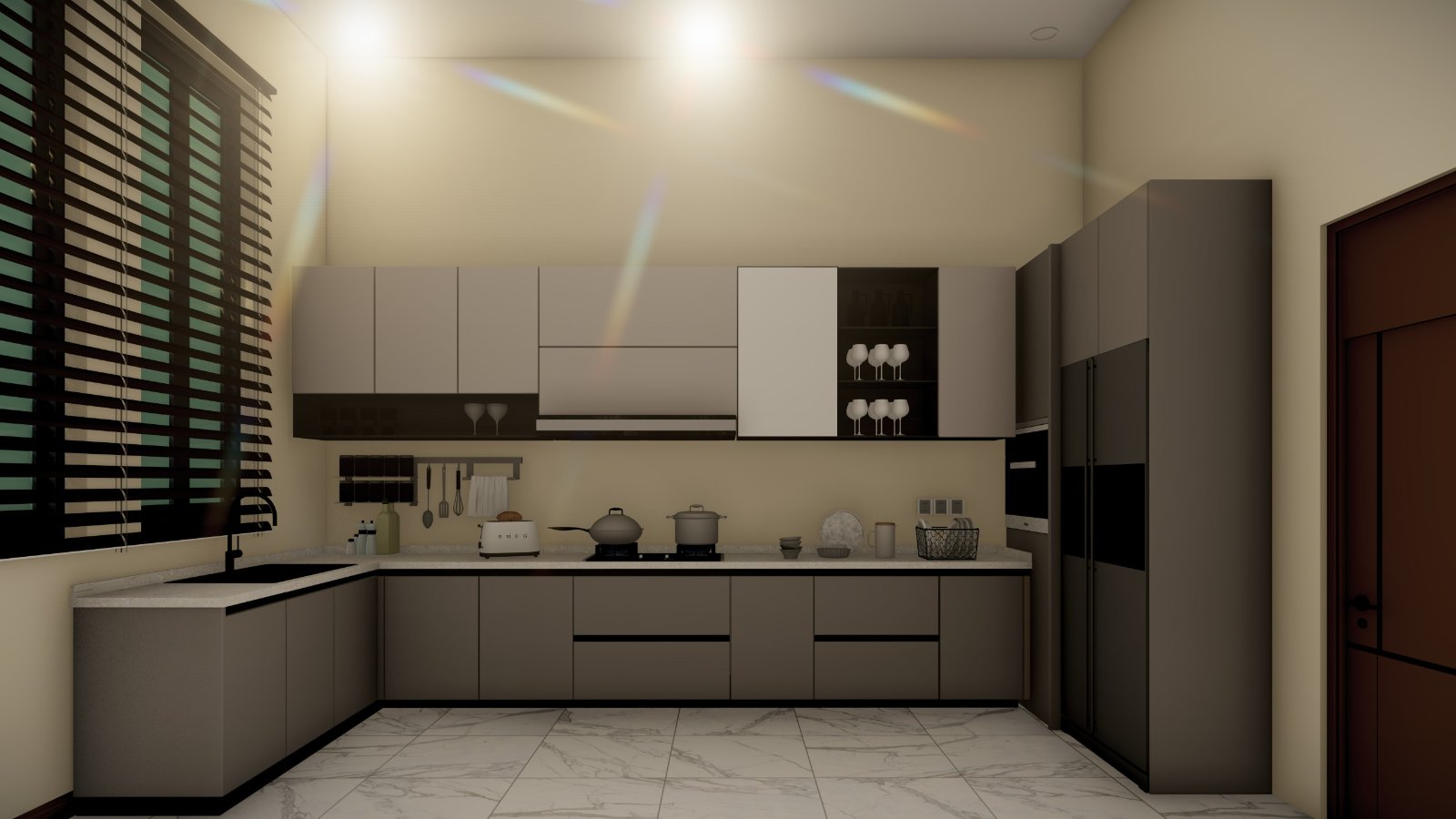 Rendered kitchen with L-shaped run of matte cabinetry and marble floor