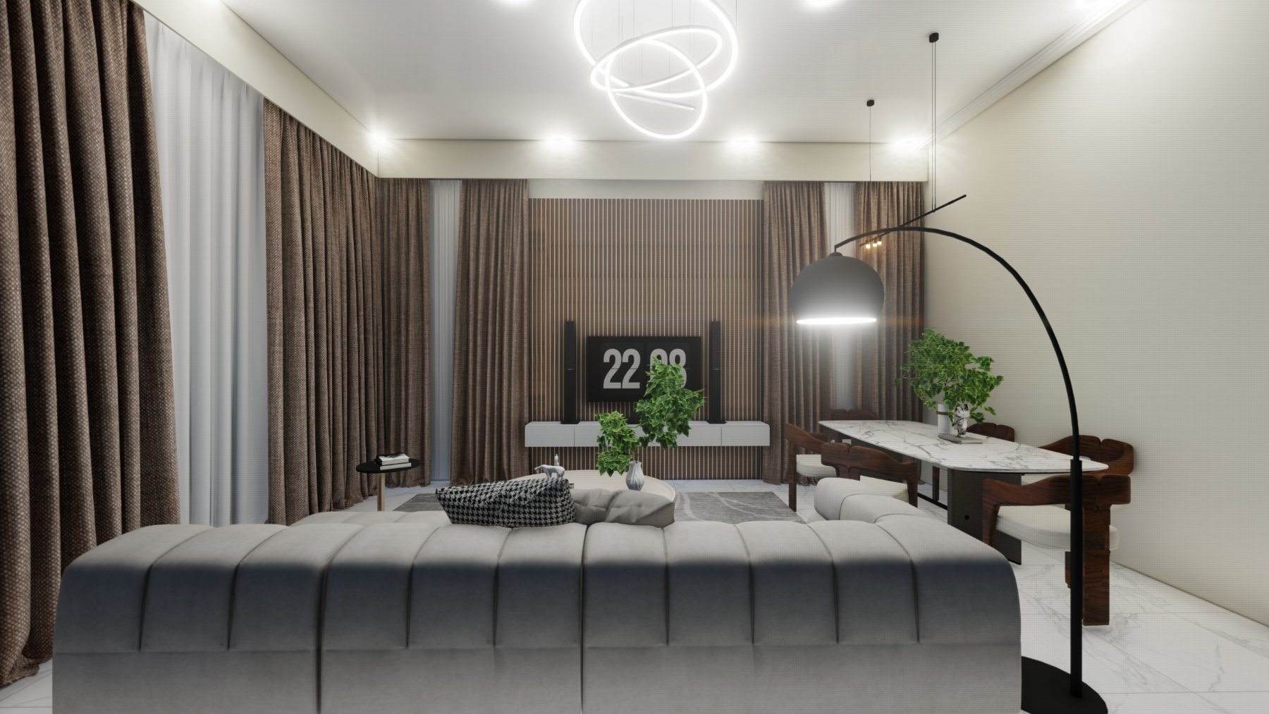 Rendered living room with channelled sofa, slatted media wall and marble dining table